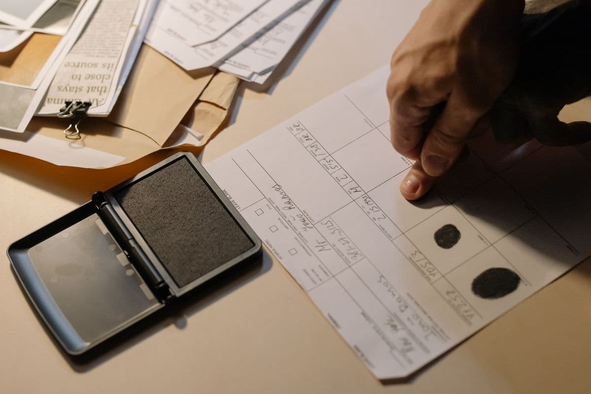 Close-up of hands taking fingerprints on a document