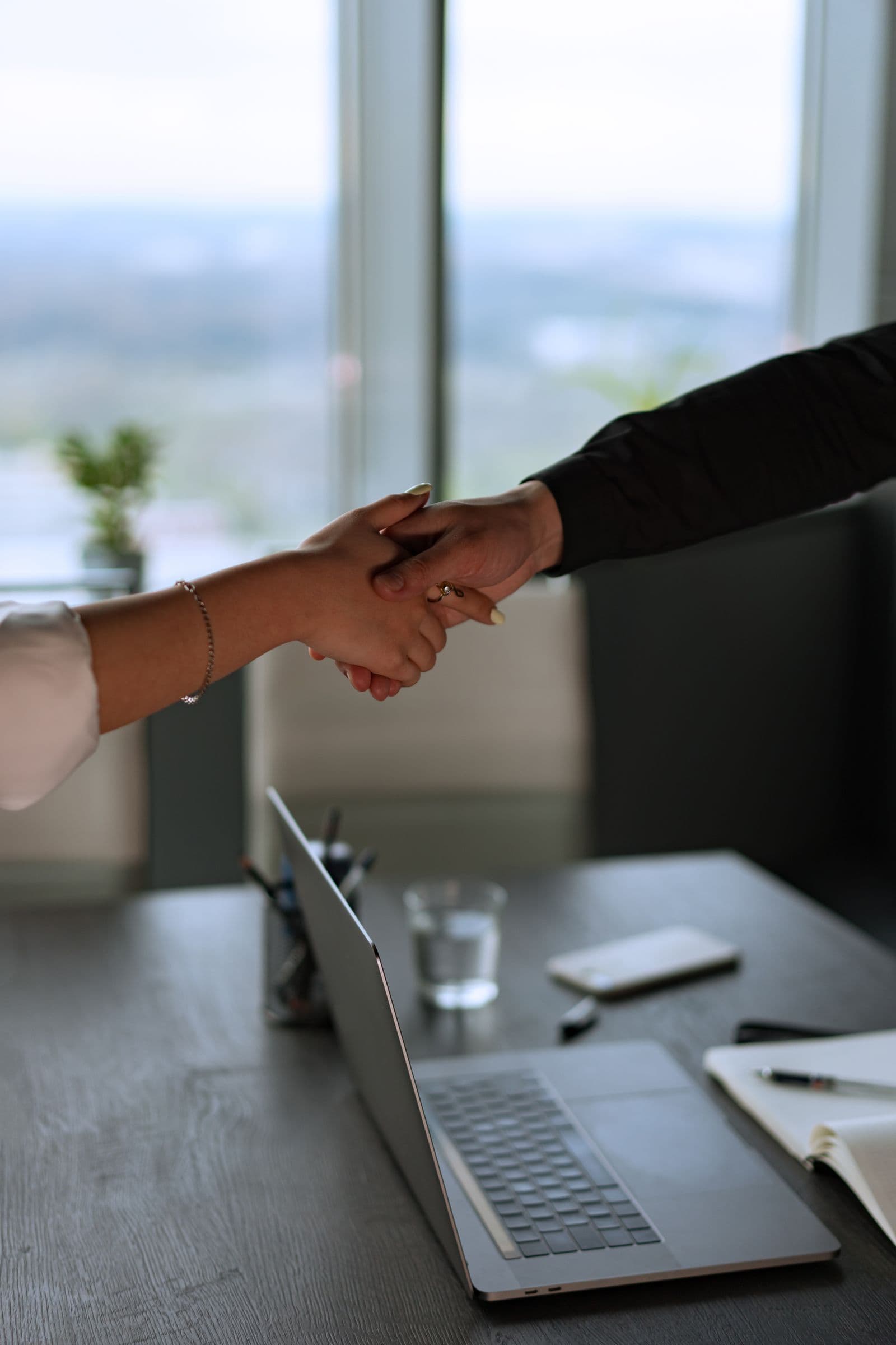 Business professionals shaking hands after a consultation