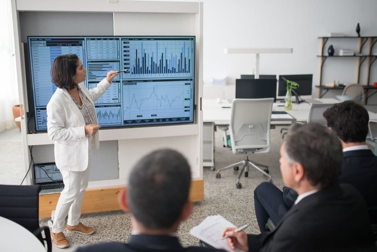 Team reviewing a financial report presentation on screen
